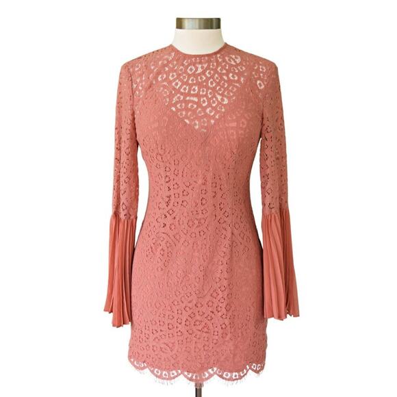 KEEPSAKE Lace Pleated Sleeve Mini Dress in Cinnamon Revolve Long Bell Sleeves - Picture 10 of 10